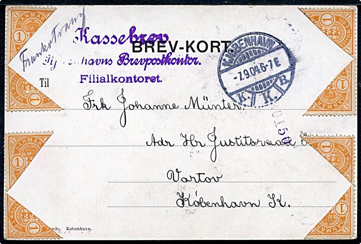 1 øre Våben (4) overklippet diagonal på lokalt brevkort i Kjøbenhavn d. 7.9.1904. Violet stempel “Kassebrev / Kjøbenhavns Brevpostkontor Filialkontoret” og påskrevet “Frankotvang”. Da frankering ikke er godtaget, formodes kortet ikke at være blevet befordret.