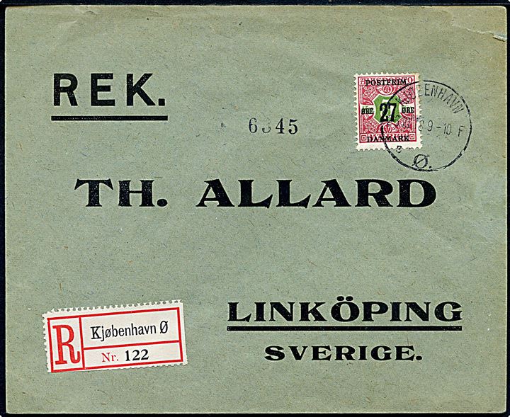 27 øre/5 kr. Provisorium single på anbefalet brev fra Kjøbenhavn Ø. d. 26.10.1918 til Linköping, Sverige. AFA: 2800,- for single til Sverige.