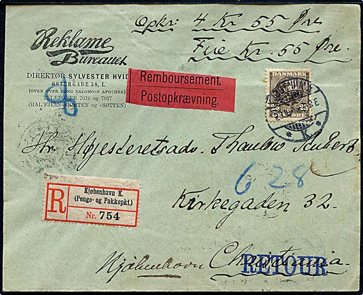 25 øre Chr. IX single på anbefalet brev med opkrævning fra Kjøbenhavn d. 28.10.1905 til Christiania, Norge. Returneret med flere stempler og blåt rammestempel: “Ikke afhentet / Non réclamé”.