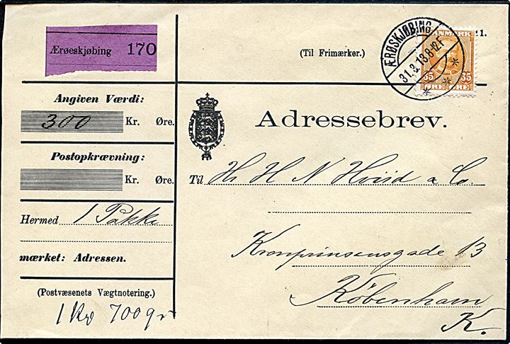 35 øre Fr. VIII single på adressebrev for værdipakke fra Ærøskjøbing d. 31.3.1913 til Kjøbenhavn. AFA: 800,-