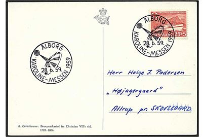 25+5 øre Jutlandia på brevkort annulleret med særstempel Ålborg / Karoline-Messen 1959 d. 28.6.1959 til Attrup pr. Skovsgaard.