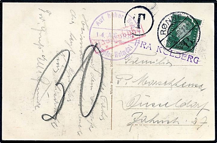8 pfg. (defekt) på underfrankeret brevkort (Dampskibet “Heimdal”) annulleret med dansk stempel Rønne B. d. 15.6.1930 og sidestemplet “FRA KOLBERG” og “Auf hoher See Dampfer Heimdal” til Düsseldorf, Tyskland. Udtakseret i 30 pfg. tysk porto.