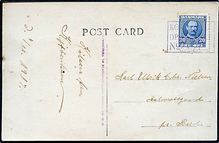 20 øre Fr. VIII på brevkort dateret d. 4.11.1917 (muligvis 1907) annulleret med mystisk skibsstempel KORSØR-KIEL DP.SK.POSTKT. No. 2 d. 11.1. til Bred. 