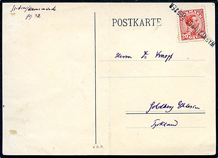 10 øre Chr. X (defekt) på brevkort annulleret med liniestempel “Warnemünde - Gedser” til Goldberg, Tyskland. Lodret fold og uden meddelelse på bagsiden.
