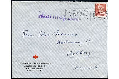 30 øre Fr. IX på Røde Kors kuvert fra Hospitalsskibet “Jutlandia” annulleret København d. 1.3.1953 og side-stemplet violet “Marinepost” til Aalborg. På bagsiden afs-stempel d. 20.2.1953 hvor “Jutlandia” under 3. togt lå i Inchon, Korea.