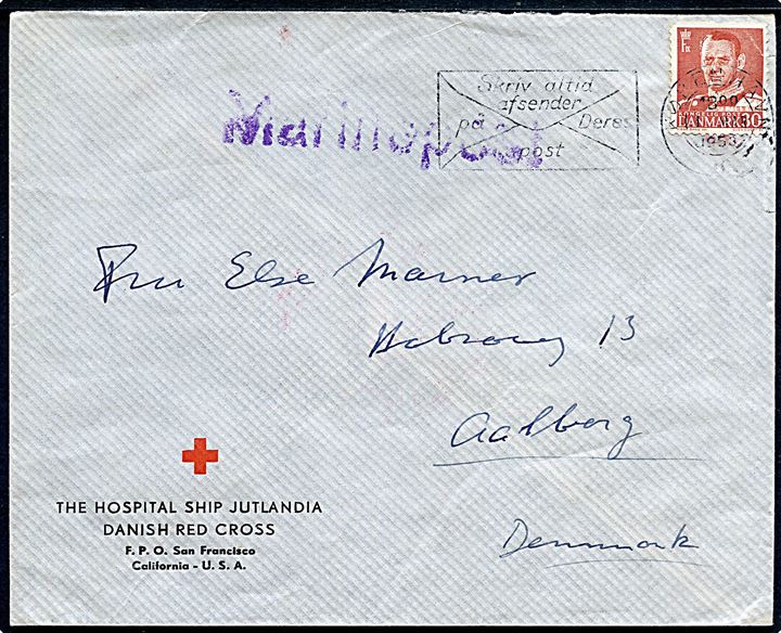 30 øre Fr. IX på Røde Kors kuvert fra Hospitalsskibet “Jutlandia” annulleret København d. 1.3.1953 og side-stemplet violet “Marinepost” til Aalborg. På bagsiden afs-stempel d. 20.2.1953 hvor “Jutlandia” under 3. togt lå i Inchon, Korea.
