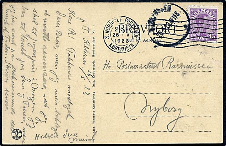 15 øre Chr. X på brevkort annulleret med Hey & Dolphin forsøgsmaskinstempel 3. Nordiske Postmøde København d. 26.5.1923 til Nyborg. Sjældent stempel.