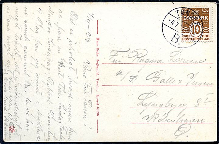10 øre Bølgelinie på brevkort annulleret med brotype Vb Tønder B. d. 4.7.1933 til København. Anvendt omkring 1 måned senere end registreret af Vagn Jensen og Daka. 
