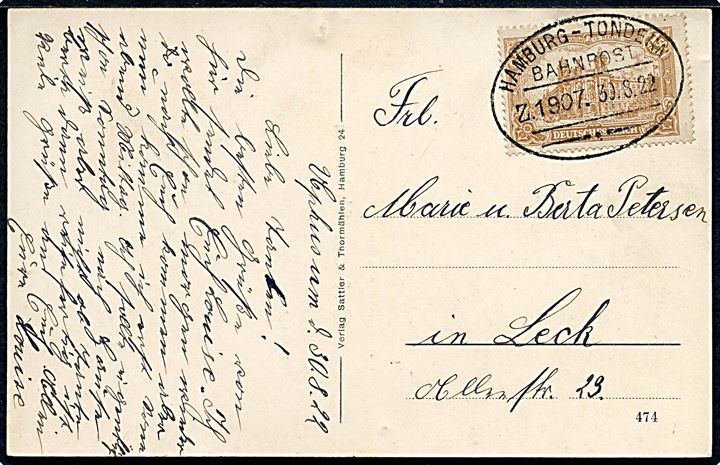 Tysk 1,50 mk. Reichpostamt på infla brevkort (Uphusum jernbanestation) annulleret med bureaustempel Hamburg - Tondern Bahnpost Z.1907 d. 30.8.1922 til Leck. Daka: 800,-