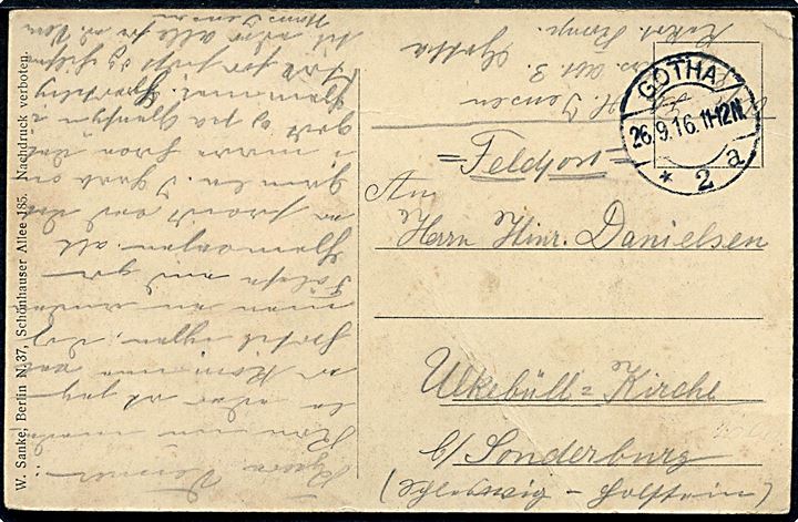 Ufrankeret feltpostkort (Aviatik-Doppeldecker) fra sønderjysk Flieger Hans Jensen ved Flieger Ersatz Abteilung 3 i Gotha d. 26.9.1916 til  Ulkebüll b. Sonderburg. Meddelelse skrevet på dansk.