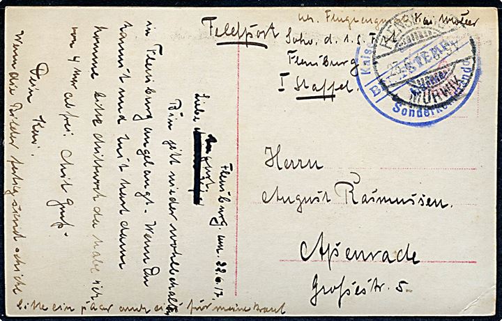 Ufrankeret feltpostkort (Vandflyver. Sanke 355) fra Flensburg-Mürwik d. 22.6.1917 til Apenrade. Sendt fra flyver Kai Möller (?) ved  Sonderkommando der 1 See Flieger Abteilung 1. Staffel med blåt briefstempel fra Marine-Sonderkommando. 