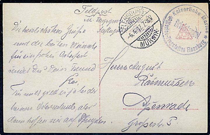Ufrankeret feltpostkort (Vandflyver. Sanke 351) fra Flensburg-Mürwik d. 6.4.1917 til Apenrade. Fra flyver Kai Möller med briefstempel: Kaiserliche Marine / Marine-Flugstation Flensburg.
