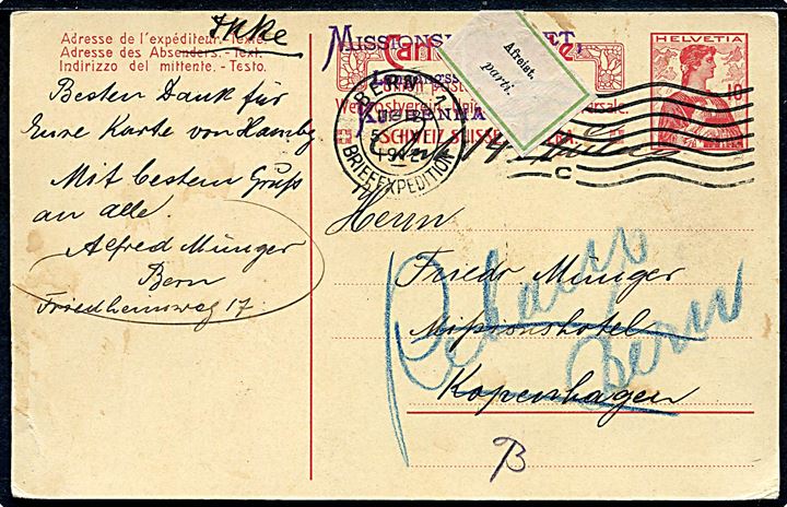 Schweiz 10 c. helsagsbrevkort fra Bern d. 5.6.1912 til Missionshotellet i København, Danmark. Returneret med 2-sproget retur-etiket: “Afreist. / parti.”.