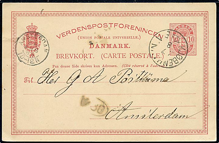 10 øre Våben helsagsbrevkort med matricefejl “Åbent 0” annulleret med lapidar Kjøbenhavn V. d. 17.8.1888 til Amsterdam, Holland.