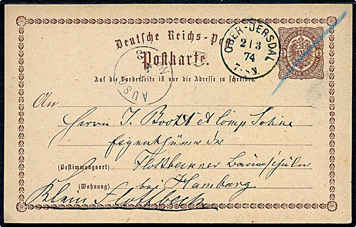 ½ gr. helsagsbrevkort annulleret med enringsstempel Ober-Jersdal d. 2.3.1874 til Klein-Flottenbeck bei Hamburg. Benyttet ca. 4 år tidligere en registreret i Daka. 