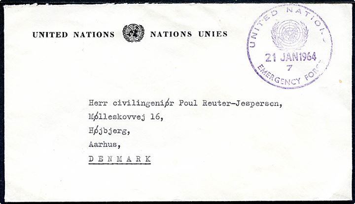 Ufrankeret fortrykt FN-kuvert sendt fra dansk major H. S. Poulsen ved UN Yemen Observation Mission stemplet United Nations Emergency Force 7 d. 21.1.1964 til Højbjerg, Danmark. Danmark deltog med 11 medlemmer i UNYOM fra juli 1963 til sept. 1964.