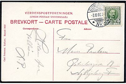 5 øre Fr. VIII på brevkort (Tølløse Kommuneskole) med tydeligt brotype Ia stempel Feltpostkontor * No. 2 * d. 3.10.1908 til Nykøbing F. Sendt under efterårsmanøvren på Sjælland 1908.