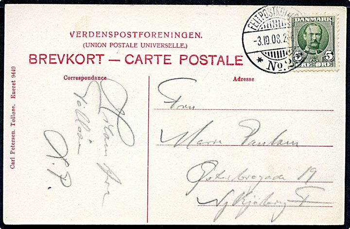 5 øre Fr. VIII på brevkort (Tølløse Kommuneskole) med tydeligt brotype Ia stempel Feltpostkontor * No. 2 * d. 3.10.1908 til Nykøbing F. Sendt under efterårsmanøvren på Sjælland 1908.
