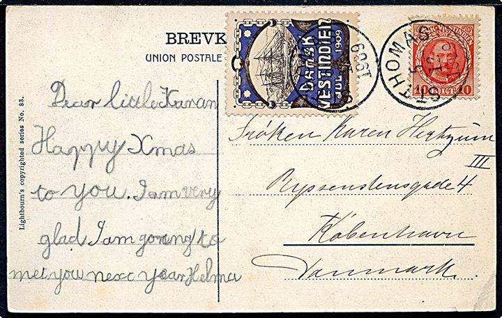 10 bit Fr. VIII og Julemærke 1909 på brevkort (St. Jan) fra St. Thomas d. 5.12.1909 til København, Danmark.