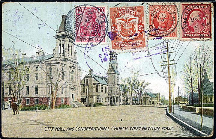 10 bit Fr. VIII stemplet St. Thomas d. 22.12.1911 og frimærker fra USA, Panama og Tyskland på blandings-frankeret postkort oprindeligt sendt fra Washington i USA d. 5.12.1911 via Dansk Vestindien, Panama og Tyskland til Østrig.