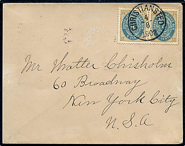 4 cents Tofarvet i vandret parstykke på 8 cents frankeret brev fra Christiansted d. 4.8.1902 via St. Thomas  til New York, USA. Ank.stemplet i New York d. 19.8.1902. 
