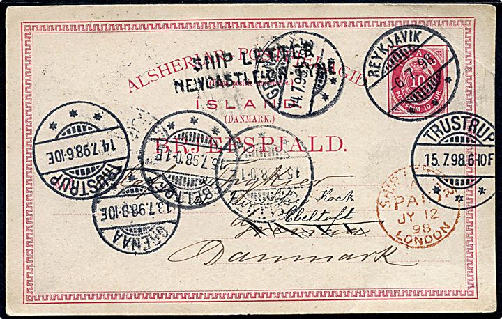 10 aur helsagsbrevkort fra Reykjavik d. 6.7.1898 med britisk skibsstempel Ship-Letter Newcastle-on-Tyne og rødt Ship-Letter PAID London d. 12.7.1898 til Grenaa, Danmark - eftersendt til Ebeltoft. Lille hj. knæk.