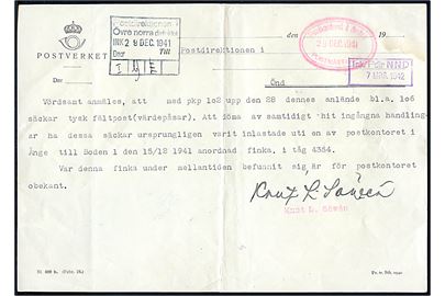 Skrivelse fra det svenske Postverket fra Postkontoret i Boden d. 29.12.1941 vedr. modtagelse af 106 sække tysk feltpost med bureau PKP 102 (Vännäs-Boden). Transit befordring af tysk feltpost i det neutrale Sverige.