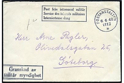 Ufrankeret brev fra interneret norsk soldat i Filipstad stemplet Postanstalten 1112 * d. 6.5.1940 til Göteborg. Svensk censur: “Granskad av militär myndighet”. Uden afsender.