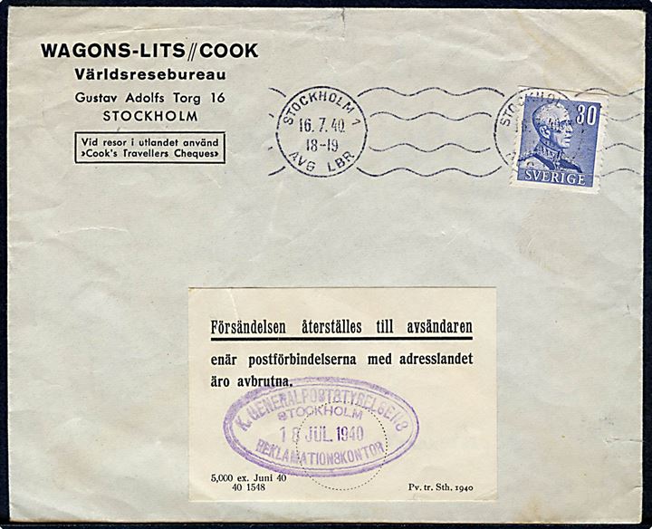 30 öre Gustaf på brev fra Stockholm d. 16.7.1940 til Marseille, Frankrig. Returneret med etiket vedr. at postforbindelsen med adresselandet er afbrudt og ovalt stempel fra Stockholm d. 18.7.1940.