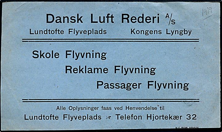 Dansk Luft Rederi A/S, Lundtofte Flyveplads ved Lyngby. Flyveblad med reklame og på bagsiden noteret “Nedkastet fra Flyvemaskine d. 28/9-19 Kongens Bryghus Alstrup”.