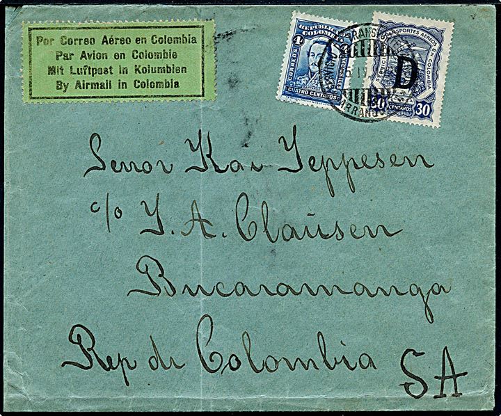 Colombia 4 c. og SCADTA 30 c. “D” konsulat udg. (= Danmark) på brev fra Husum i Danmark fremsendt til Colombia i yderkuvert og herfra sendt som indenrigs luftpost fra Barranquilla d. 25.4.1929 til Bucaramanga. Ank.stemplet d. 27.4.1929. Lodret fold. Sjælden.