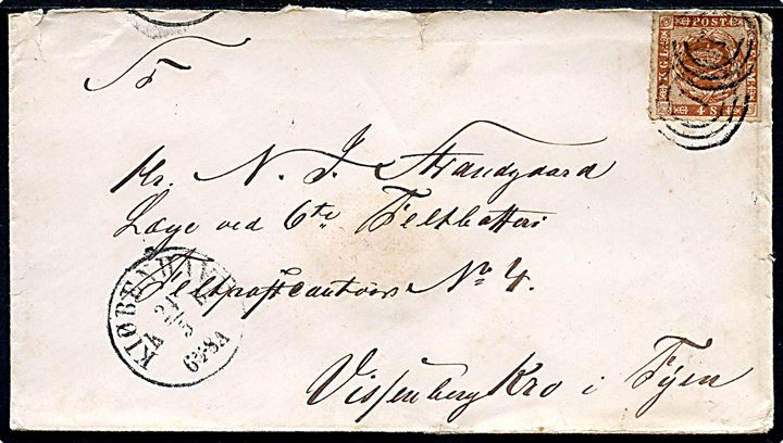 4 sk. stukken kant på brev annulleret med nr.stempel “1” og sidestemplet Kiøbenhavn K.B. d. 24.5.1864 til N. J. Strandgaard, Læge ved 6te Feltbatteri, Feltpostkontor 4 Vissenbjerg Kro i Fyen. Slidt med lodret fold.