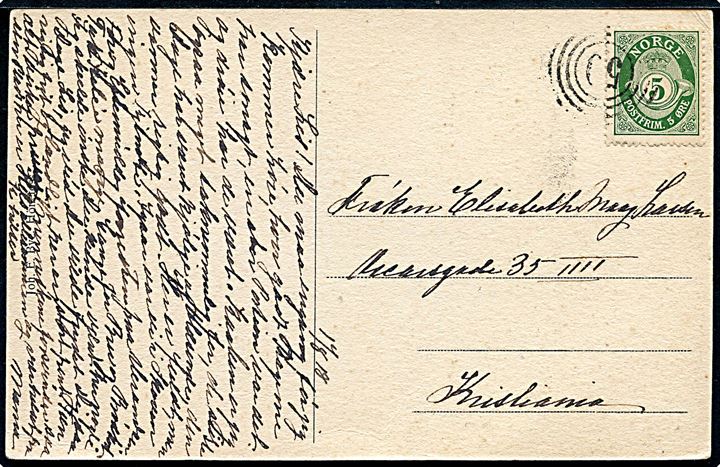 5 øre Posthorn på brevkort (Krokklev-veien, Ringerike) dateret d. 1.8.1918 og annulleret med 4-ringsstempel “50” (= Dampskibet S/S “Ringerike” på rute Svangstrand - Sundvolden 1905-1926) til Kristiania.