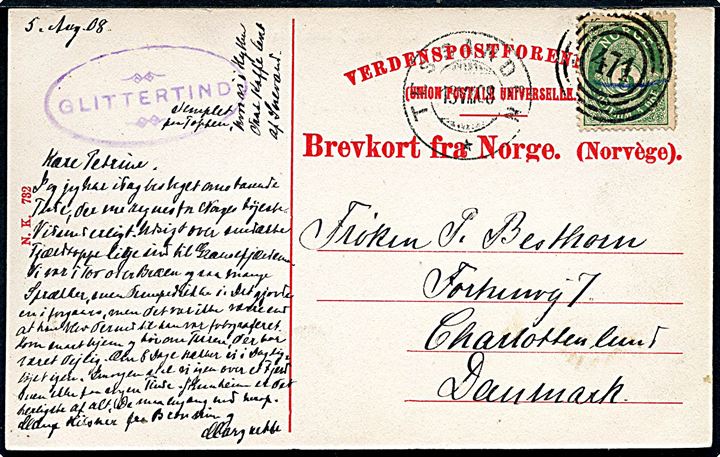 5 øre Posthorn på brevkort (Glittertind) annulleret med 4-ringsstempel “471” fra sæson brevhus (juli-august) Randsverk og sidestemplet Tessand d. 13.8.1908 til Charlottenlund, Danmark.
