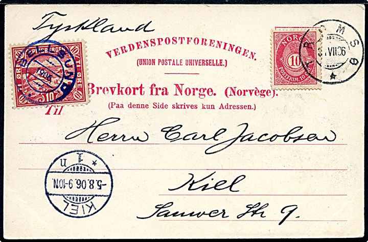 10 øre Spitsbergen lokal udg. stemplet BELLSUND 1906 og 10 øre Posthorn stemplet Tromsø d. 31.7.1906 på Spitsbergen postkort til Kiel, Tyskland. 