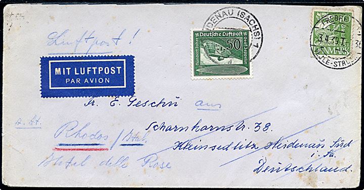 40 øre Karavel på brev fra Jelling annulleret med bureau stempel Fredericia - Vejle - Struer T.736 d. 3.4.1939 til Heidenau, Tyskland. Opfrankeret med tysk 50 pfg. Graf  Zeppelin 100 år og eftersendt som luftpost til Rhodos, Italiensk Ægæiske øer. Ank.stemplet Posta Aerae Rodi * Egeo * d. 10.4.1939.
