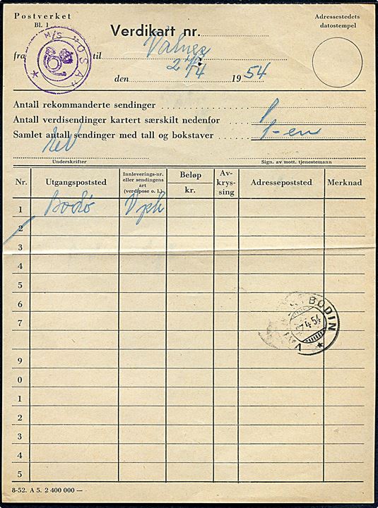 Verdikart dateret 12.9.1953 med violet kronet/posthorn stempel M/S “OSA” til Valdnes i Bodin. Stempel benyttet på motorskibet M/S “Osa” på ruten Lødingen-Ofoten-Narvik. 