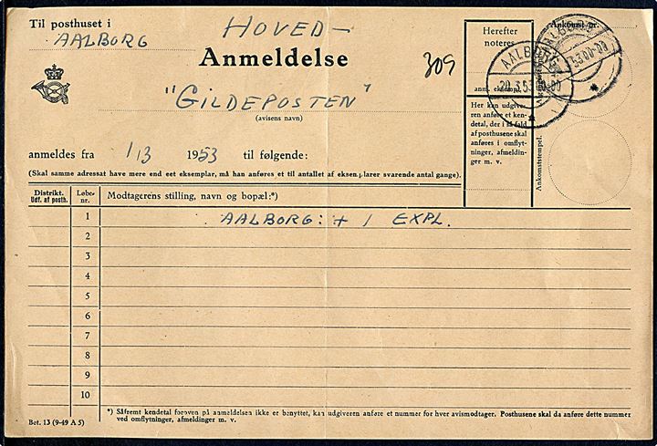 Anmeldelse formular - Bet. 13 (9-49 A5) - for tidsskriftet “Gildeposten” med sjældent brotype IIc Aalborg * d. 20.3.1953. Stempel kun registreret anvendt i få dage i november 1936 jf. Vagn Jensen. 
