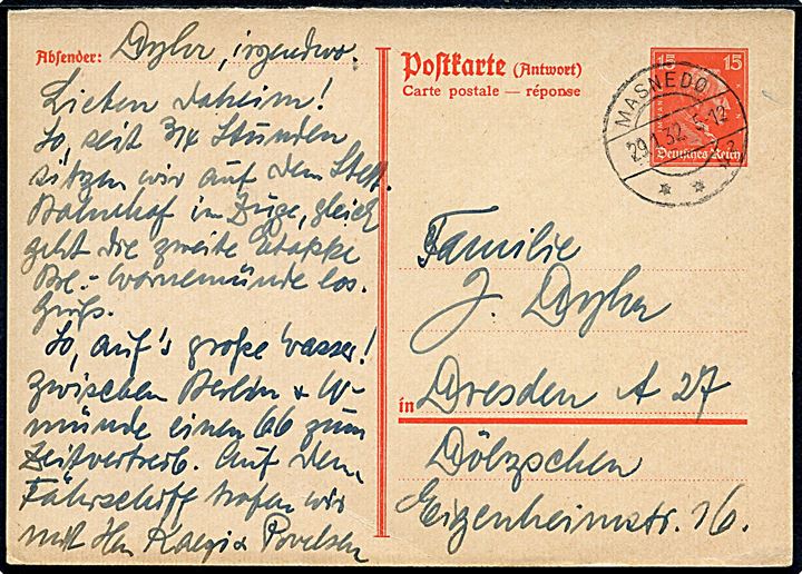 Tysk 15 pfg. Kant svardel af dobbelt helsagsbrevkort annulleret med vanskeligt dansk brotype IIc stempel Masnedø sn2 d. 29.1.1932 til Dresden, Tyskland. God anvendelse.