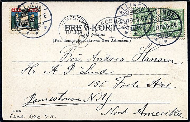 5 øre Våben (par) og Julemærke 1905 (defekt) på brevkort (Nørregade i Allinge) fra Allinge d. 11.12.1905 til Jamestown, N.Y., USA. Ank.stemplet d. 25.12.1905. 