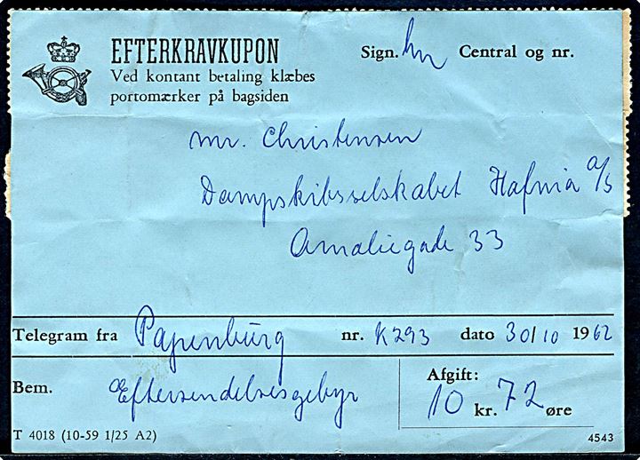 Efterkravkupon - formular T 4018 (10-59 1/23 A7) - frankeret på bagsiden med 1 øre (2), 10 øre Bølgelinie, 60 øre Selandia og 1 kr. Portomærke (10) annulleret “Porto at Betale”. 10,72 kr. eftersendelses gebyr for telegram fra Papenburg d. 30.10.1962 til København.
