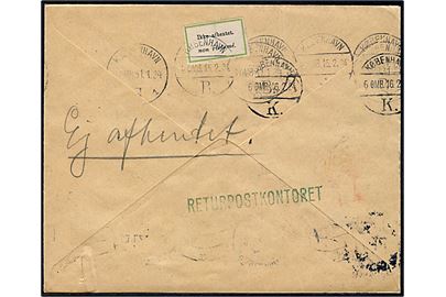 10 øre Bølgelinie på lokalbrev i Kjøbenhavn d. 30.1. 1924. Eftersendt til poste restante og returneret via Returpostkontoret med 2-sproget retur-etiket: “Ikke afhentet / non reclamé”. Mange påtegninger.