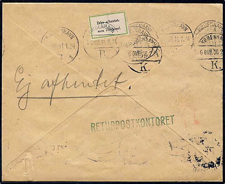 10 øre Bølgelinie på lokalbrev i Kjøbenhavn d. 30.1. 1924. Eftersendt til poste restante og returneret via Returpostkontoret med 2-sproget retur-etiket: “Ikke afhentet / non reclamé”. Mange påtegninger.