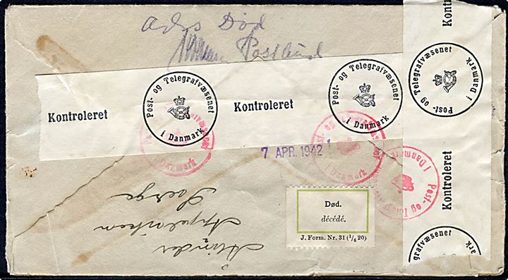 Svensk 5 öre Gustaf (3) på brev fra Äppelviken d. 22.3. 1942 til Hjørring, Danmark. Retur via Returpostkontoret med 2-sproget returetiket J.Forn.Nr. 31 (1/6 20) “Død / décédé.”. Åbnet af dansk censur 2 gange.
