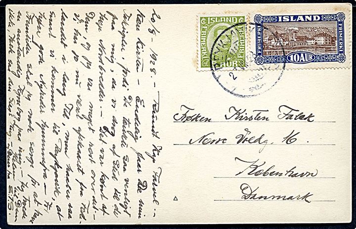5 aur Chr. X og 10 aur Landskab på brevkort (Kajak mænd ved Grønland) dateret “Rundt Kap Farvel” d. 20.8.1928 og annulleret i Reykjavik d. 27.8.1928 til København. Skrevet under rejse fra Grønland til Island.