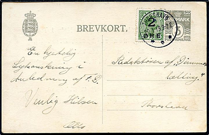 2/5 øre Provisorium som opfrankering på 3 øre helsags brevkort sendt lokalt i Thorshavn d. 20.1.1919. Stor sjældenhed i flot kvalitet.