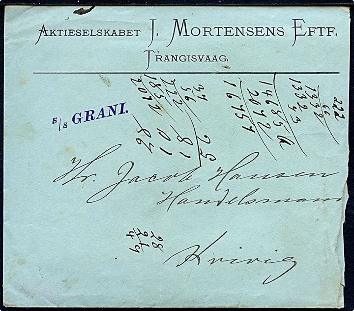 1905. Fortrykt kuvert fra A/S J. Mortensens Eftf. i Trangisvaag med indhold dateret d. 7.9.1915 og violet liniestempel S/S GRANI til Kvivig. Urent åbnet.
