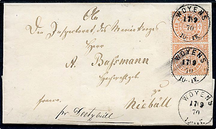 Norddeutscher Postbezirk ½ gr. Ciffer i parstykke på brev med indhold dateret i Oxenvad annulleret Woyens d.  17.9.1870 til Niebüll pr. Deetzbüll. 
