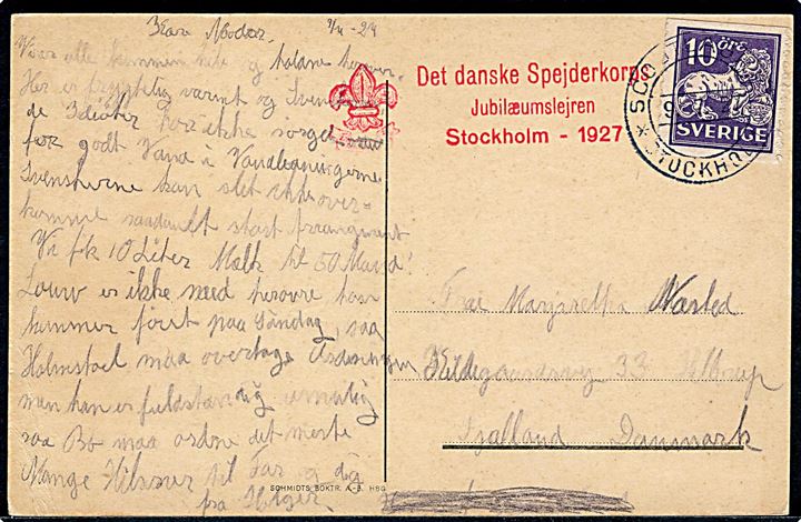 Svensk 10 öre Løve på Spejder-postkort annulleret med særstempel Scoutlägret * Stockholm * d. 9.7.1927 og sidestemplet “Det danske Spejderkorps Jubilæumslejren Stockholm - 1927” til Hellerup, Danmark. Ved den svenske lejr i Beatelund deltog 769 danske spejdere.