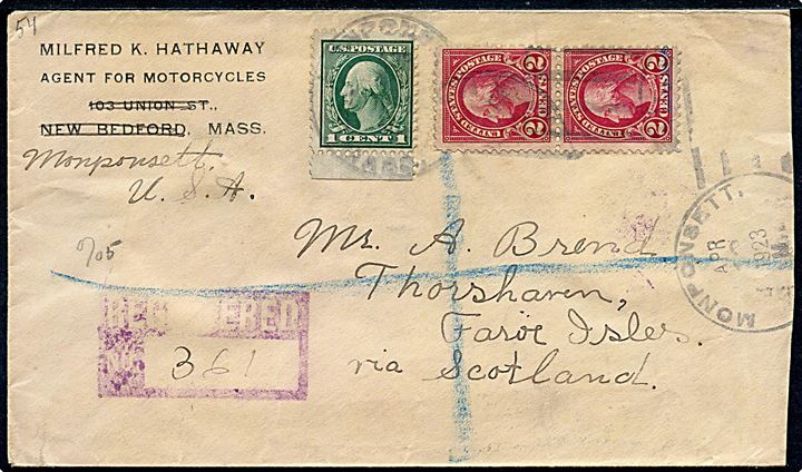 1 cent og 2 cents (par) Washington på anbefalet brev fra Monponsett, Mass. d. 12.4.1923 via Boston og Edinburgh til Thorshavn, Færøerne. Transit stemplet Registered Edinburgh d. 23.4.1923.